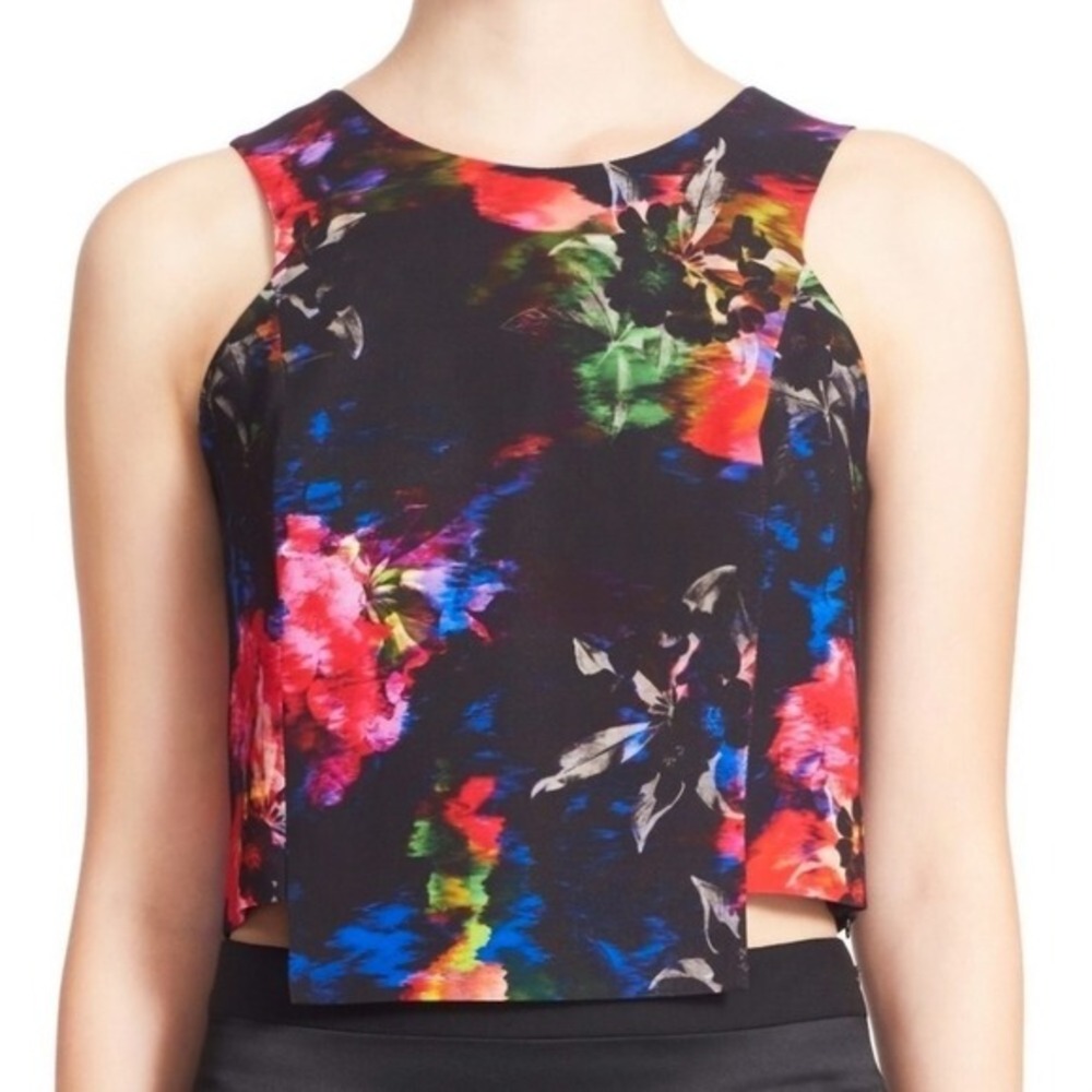 Milly Black, Pink & Blue Floral Side Cut-Out Sleeveless Crop Top- Size 6‎